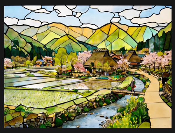 里山のステンドグラスパネル　春